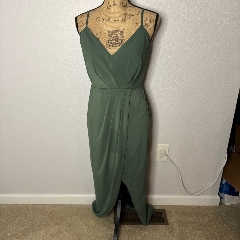 Azazie OLLIE Stretch Olive Green Sheath Ruched Stretch Chiffon Dress size A10